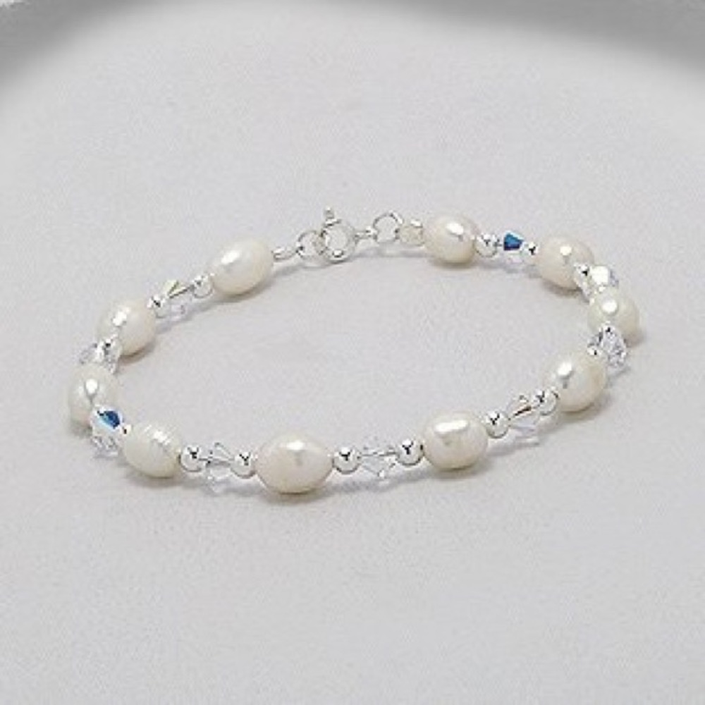 007B 🆕 925 Silver Pearl & Crystal Glass Bracelet